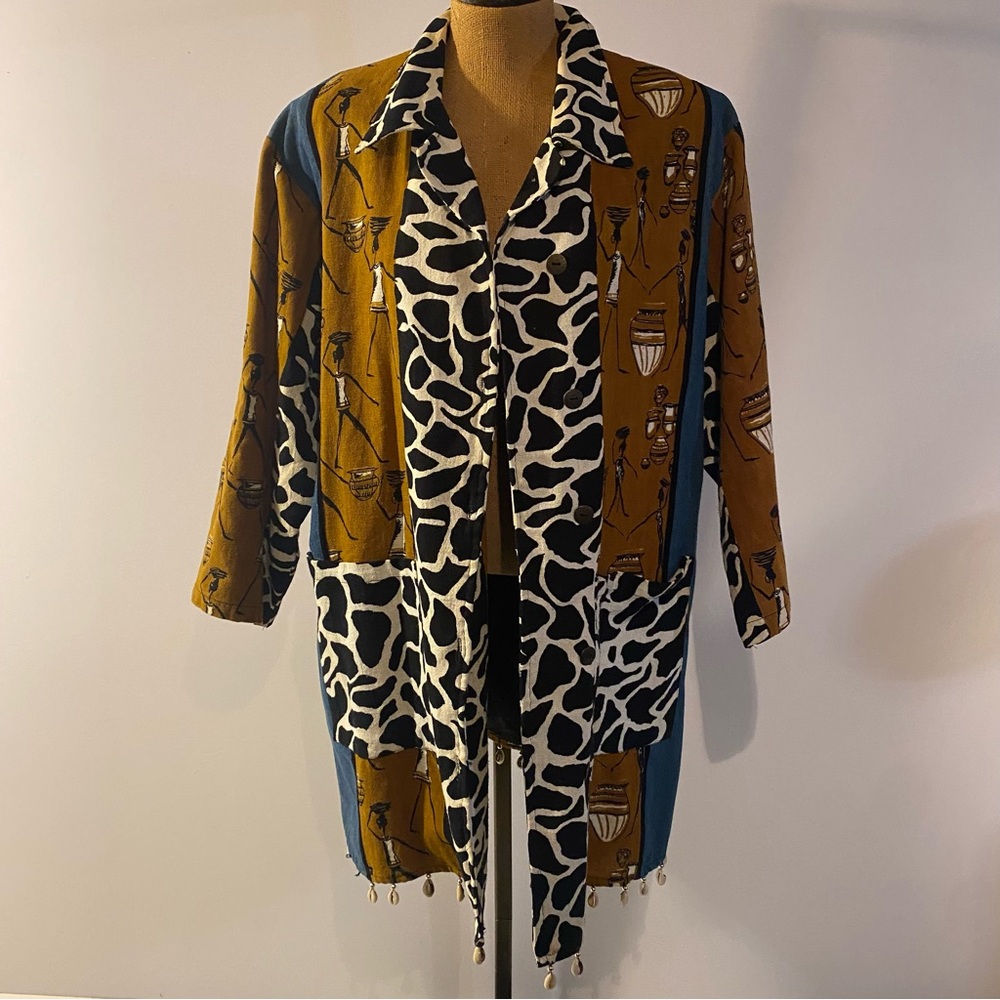 Vintage MOLATO African Patchwork Front Button Coat Duster With Shell Hemline
